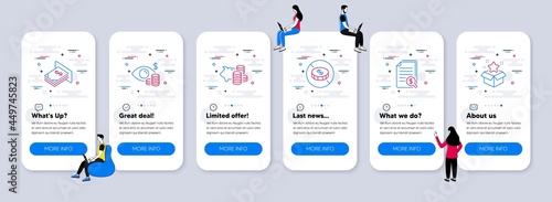 Finance icons set. UI phone app screens with teamwork. Included icon as Business vision, No cash, Atm money signs. Piggy bank, Financial documents, Loyalty program line icons. Vector