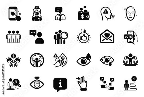 Vector Set of People icons related to Search people, Conjunctivitis eye and Cough icons. Friendship, Users chat and Winner signs. Eye drops, Dirty mask and Online voting. Heart rating. Vector