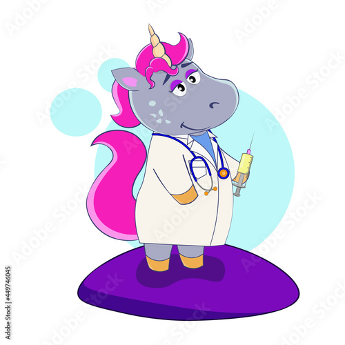Cartoon unicorn doctor preparing to give an injection