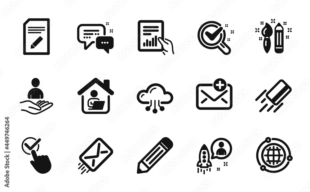 Vector set of Globe, Cloud computing and Creativity icons simple set. Work home, Chemistry lab and Checkbox icons. Edit document, Recruitment and Employees messenger signs. Vector Vector set of Globe, Cloud computing and Creativity icons simple set. Work home, Chemistry lab and Checkbox icons. Edit document, Recruitment and Employees messenger signs. Vector