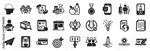 Set of Business icons, such as Copyright laptop, Crane claw machine, Internet report icons. Hold box, Payment method, Medal signs. Loan percent, Search package, Healthy food. Coffee maker. Vector