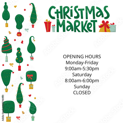 Christmas tree market lettering sign with Grinch tree and text place. Vector stock illustration isolated on white background for template design Christmas sale, greeting card, invitation. 