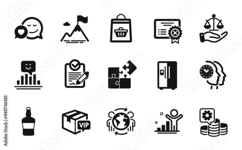 Vector set of Winner, Making money and Online buying icons simple set. Vip parcel, Dating and Refrigerator icons. Mountain flag, Time management and Reject certificate signs. Vector