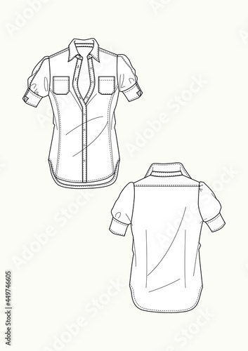 Camicia donna maniche corte con tasche disegno piatto sketch fashion illustration fronte e retro mock up vettoriale