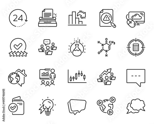 Vector set of Speech bubble, Rating stars and Chat message line icons set. Presentation, 24 hours and Electricity bulb icons. Blog, Candlestick graph and Video conference signs. Vector
