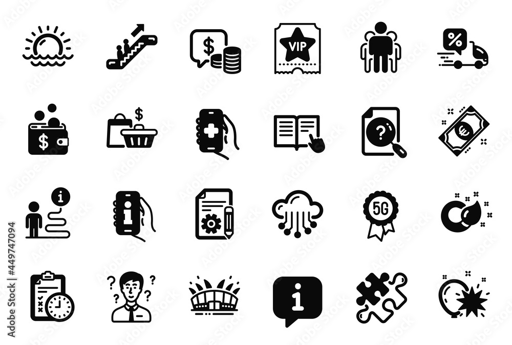 Vector Set of Business icons related to Health app, Escalator and Sunset icons. Balloon dart, Sale bags and Arena stadium signs. Support consultant, Paint brush and Info app. Vip ticket. Vector Vector Set of Business icons related to Health app, Escalator and Sunset icons. Balloon dart, Sale bags and Arena stadium signs. Support consultant, Paint brush and Info app. Vip ticket. Vector