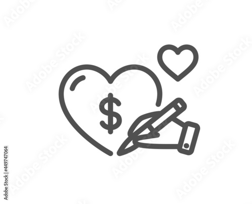 Donation organization line icon. Volunteer care sign. Health insurance symbol. Quality design element. Linear style social care icon. Editable stroke. Vector