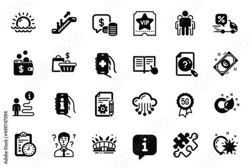 Vector Set of Business icons related to Health app, Escalator and Sunset icons. Balloon dart, Sale bags and Arena stadium signs. Support consultant, Paint brush and Info app. Vip ticket. Vector