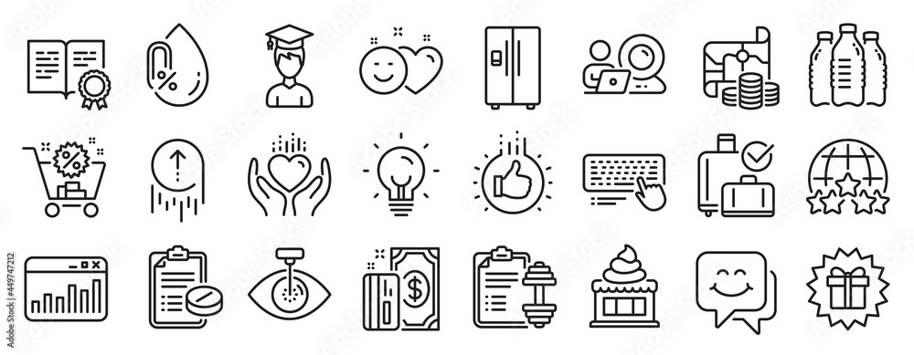 Set of Business icons, such as Computer keyboard, Treasure map, Energy icons. Dumbbell, No alcohol, Student signs. Payment, Swipe up, Rating stars. Eye laser, Hold heart, Ice cream. Smile. Vector