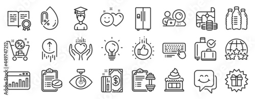 Set of Business icons  such as Computer keyboard  Treasure map  Energy icons. Dumbbell  No alcohol  Student signs. Payment  Swipe up  Rating stars. Eye laser  Hold heart  Ice cream. Smile. Vector