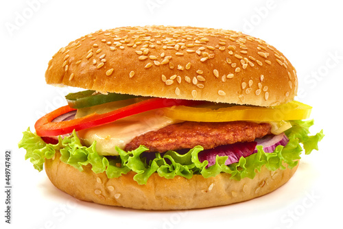 Delicious burger, american fastfood, isolated on white background.
