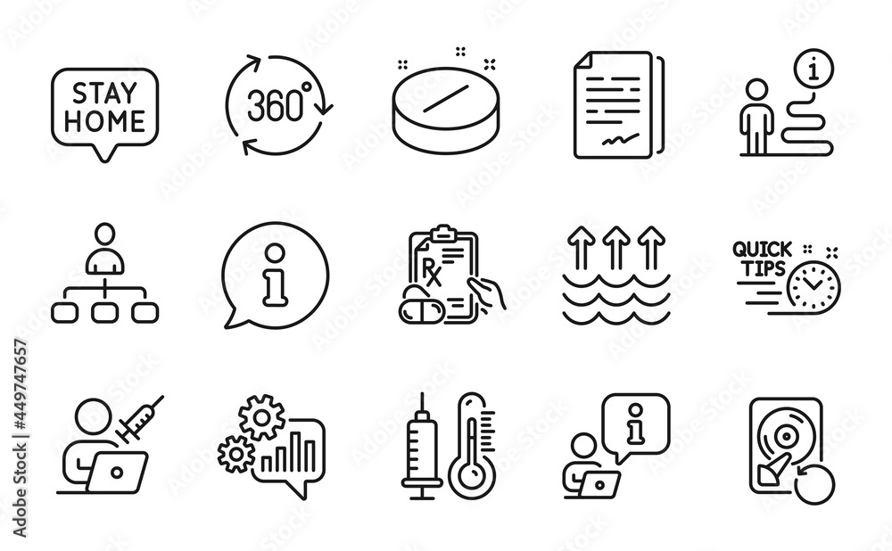 Science icons set. Included icon as Medical tablet, Vaccination appointment, Management signs. Document signature, Stay home, Evaporation symbols. Recovery hdd, Quick tips, Thermometer. Vector