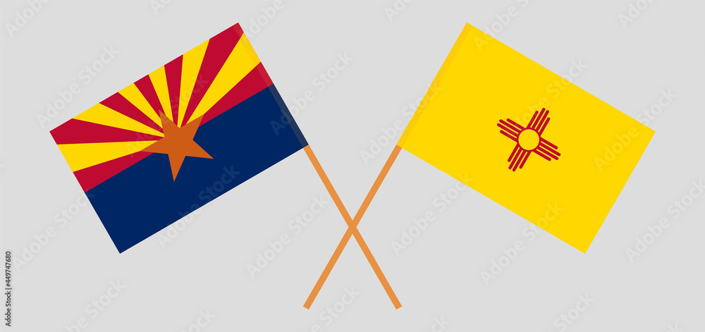 Crossed flags of the State of Arizona and the State of New Mexico. Official colors. Correct proportion Crossed flags of the State of Arizona and the State of New Mexico. Official colors. Correct proportion