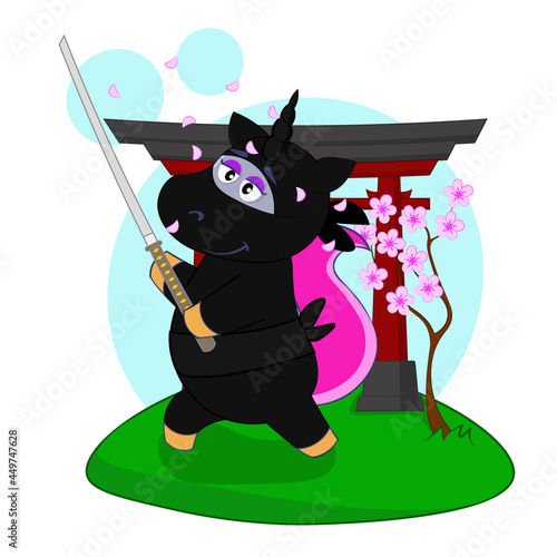 Cartoon halloween unicorn in ninja costume