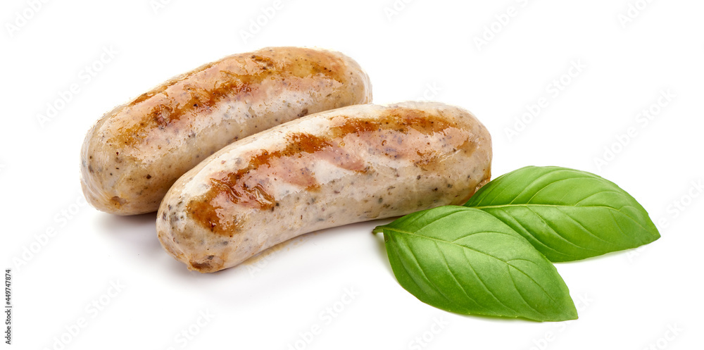 Grilled Munich Veal Sausages, close-up, isolated on white background. Grilled Munich Veal Sausages, close-up, isolated on white background.