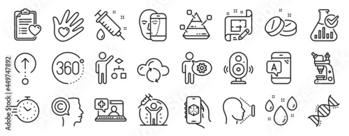 Set of Science icons  such as Rainy weather  Social responsibility  Chemistry lab icons. Medical help  Algorithm  Microscope signs. Cloud sync  Medical tablet  Architect plan. Writer. Vector