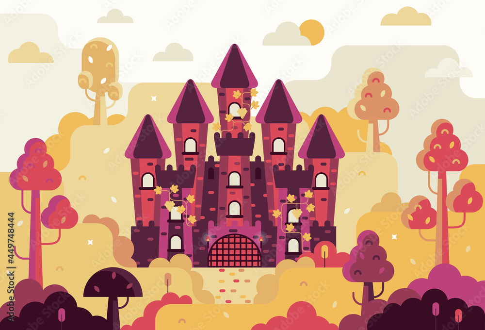 Fairytale castle with 5 towers entwined with grapes. Vector illustration in flat game design stile Fairytale castle with 5 towers entwined with grapes. Vector illustration in flat game design stile