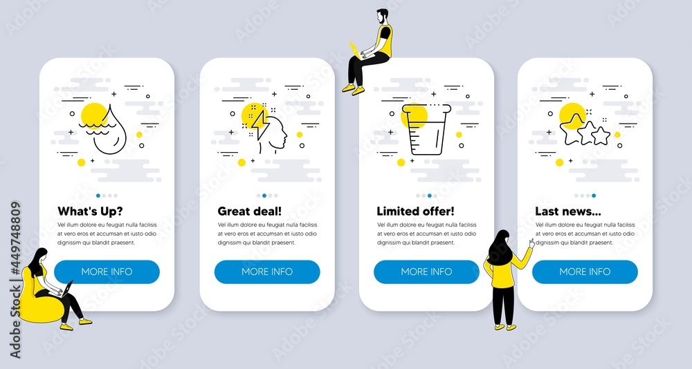 Vector Set of Business icons related to Cooking beaker, Hydroelectricity and Brainstorming icons. UI phone app screens with people. Stars line symbols. Vector