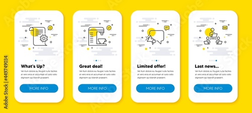 Vector set of Coffee machine, Megaphone and Technical documentation line icons set. UI phone app screens with line icons. Teamwork icon. Cappuccino machine, Brand message, Manual. Remote work. Vector