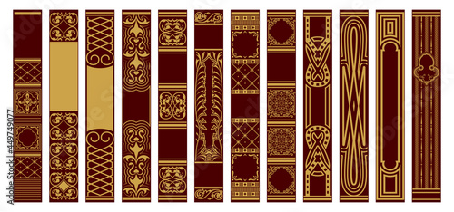 Set of Spines Books. Samples for design templates. Retro vertical frames. Vintage ornament. Golden ornament on a red background.
