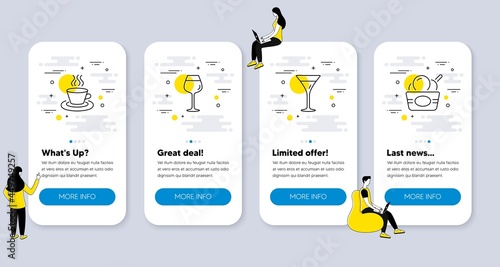 Set of Food and drink icons, such as Bordeaux glass, Martini glass, Tea cup icons. UI phone app screens with people. Ice cream line symbols. Wine, Coffee mug, Sundae cup. Phone UI banners. Vector