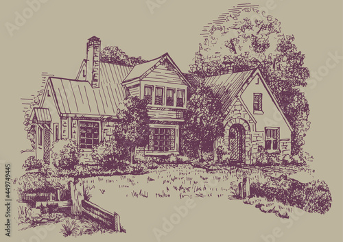 House portrait illustration. Pen sketch converted to vectors. An image of the architecture of a private estate.
