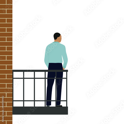Male character in business attire stands alone on the balcony