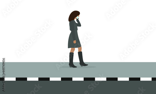 Female character in medical mask walking on the sidewalk and talking on the phone