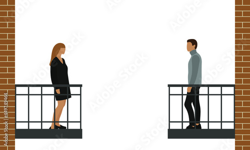 A female character and a male character are standing opposite each other on the balconies