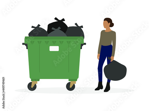 Female character with trash bag in hand stands near full trash can on white background