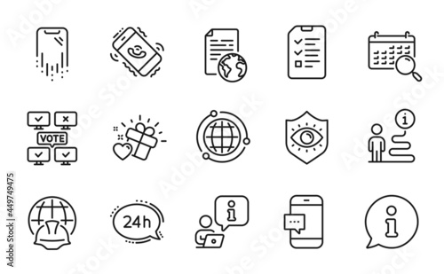Business icons set. Included icon as Smartphone recovery, Smartphone message, Love gift signs. 24h service, Call center, Internet document symbols. Interview, Globe, Global engineering. Vector