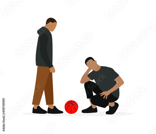 Two male characters and a basketball ball lying on the floor on a white background