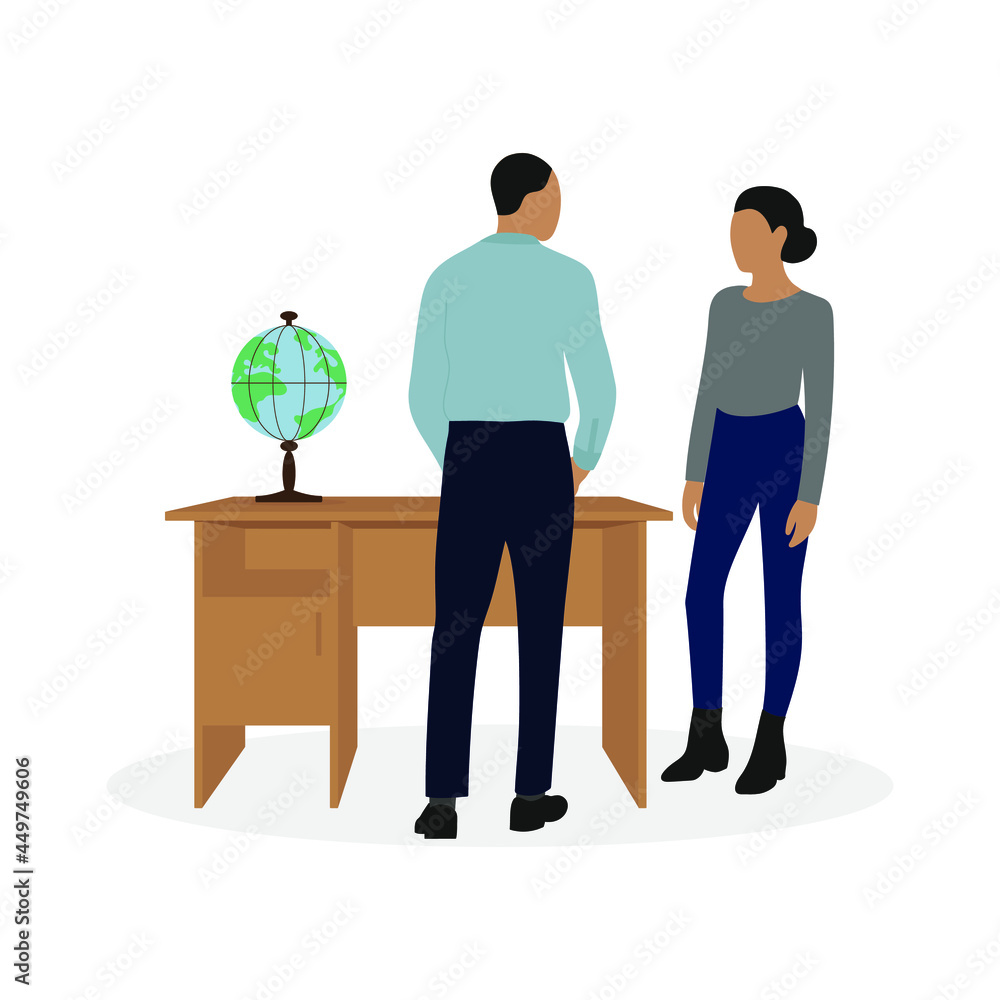 Male character and female character are standing near a desk with a globe on a white background