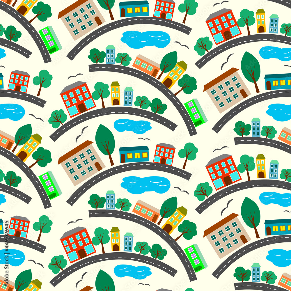 Pattern with colorful houses, lake and trees. Vector illustration for children. For use in childrens prints, packaging, promotions, covers and brochures, and toy stores.
