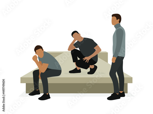 Three pensive male characters near the podium on a white background