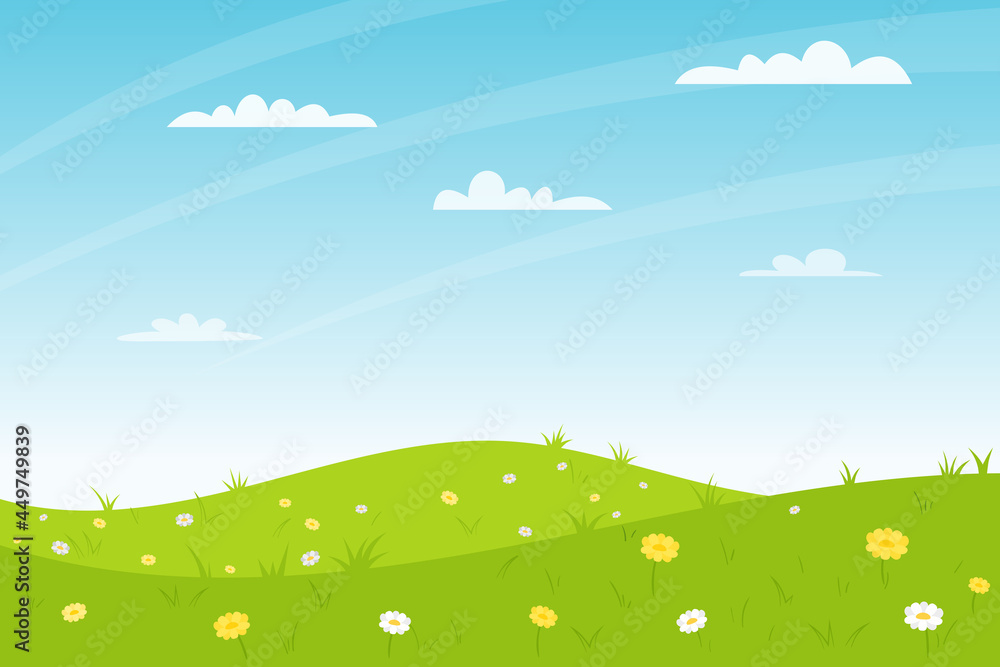 Horizontal summer landscape. A field, glade with whitw and yellow flowers, hills. Clear weather. Color vector illustration. Nature background with empty space for text