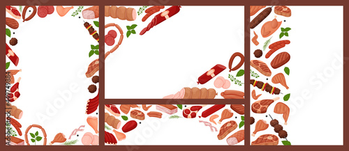 A set of frames with meat products. Raw, grilled meat, chicken, sausages. Horizontal, vertical and banner template for flyers and leaflets. Flat vector illustration. Isolated on a white background