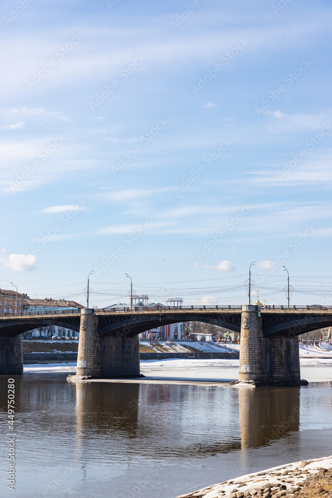 New Volga bridge in spring landscape Volga river shore in Tver city New Volga bridge in spring landscape Volga river shore in Tver city