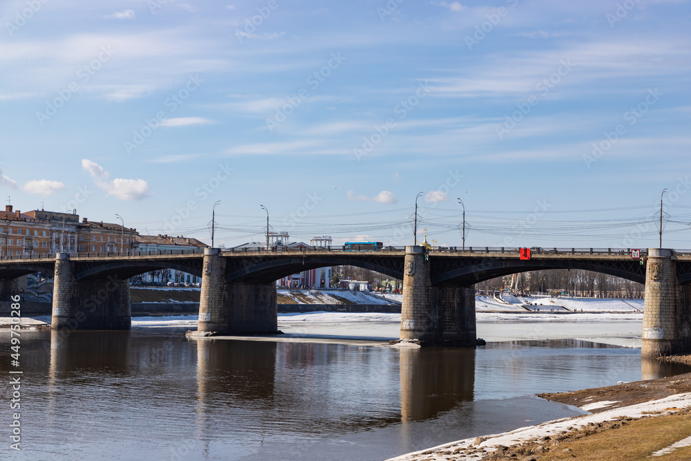 Fototapeta premium New Volga bridge in spring landscape Volga river shore in Tver city