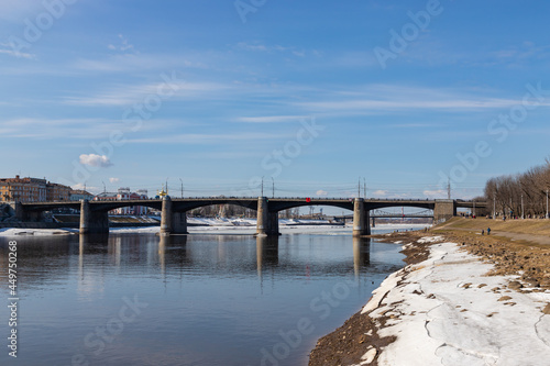 New Volga bridge in spring landscape Volga river shore in Tver city © umike_foto