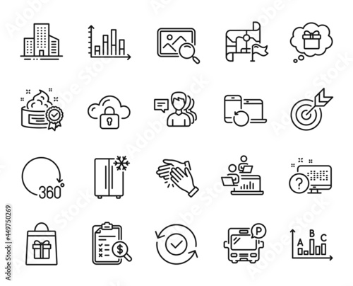 Vector set of Clapping hands, Survey results and Target line icons set. Online quiz, Diagram graph and Buildings icons. Destination flag, Teamwork and Bus parking signs. Vector