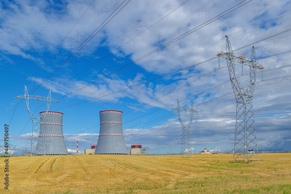 Picturesque view of the nuclear power plant and high-voltage line in Ostrovets, Belarus