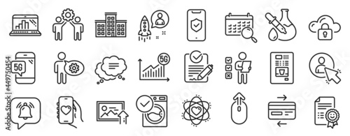 Set of Technology icons  such as Washing machine  User  Employees teamwork icons. 5g statistics  Upload photo  Company signs. Atom  Cloud protection  Text message. Notification bubble  Rfp. Vector