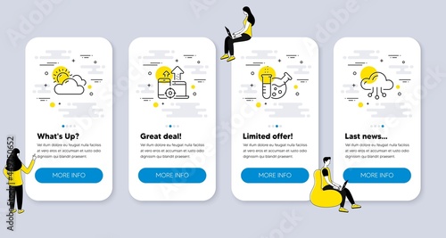 Set of Business icons, such as Sunny weather, Seo devices, Chemistry lab icons. UI phone app screens with people. Cloud computing line symbols. Summer, Mobile stats, Laboratory. Online storage. Vector