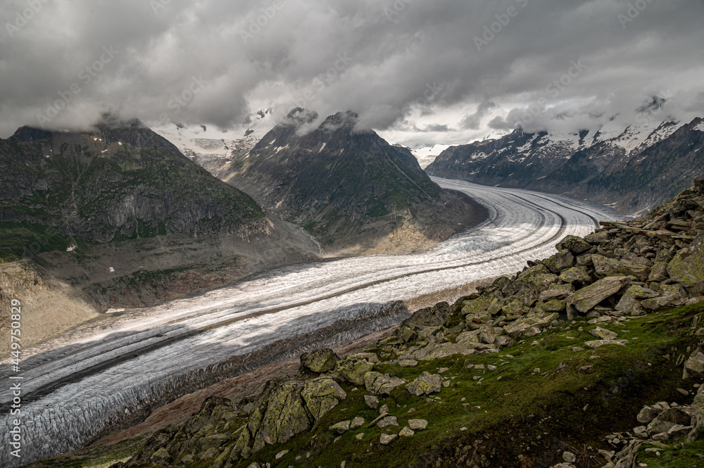 Great Aletsch Glacier. Switzerland, eastern Bernese Alps in the Swiss Valais Canton. Largest glacier in the Alps. Great Aletsch Glacier. Switzerland, eastern Bernese Alps in the Swiss Valais Canton. Largest glacier in the Alps.