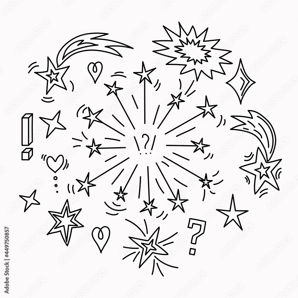 Vector with different stars, sparkles, hearts, signs and symbols. Hand
