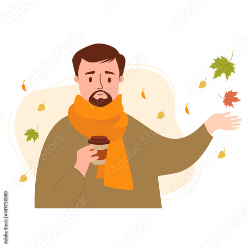 Autumn man. A brunette guy with a mustache and a beard drinks coffee and catches autumn leaves. Vector illustration. Character in flat style for design, decor, postcards and print