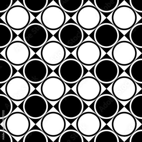 Checker diagonal ornament with circles. Vector seamless black and white cells.