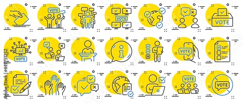 Voting line icons. Public Election, Vote Box, Ballot Paper icons. Candidate, Politics voting and People vote. Government election, Raised hands, Document checklist. Online poll result. Vector