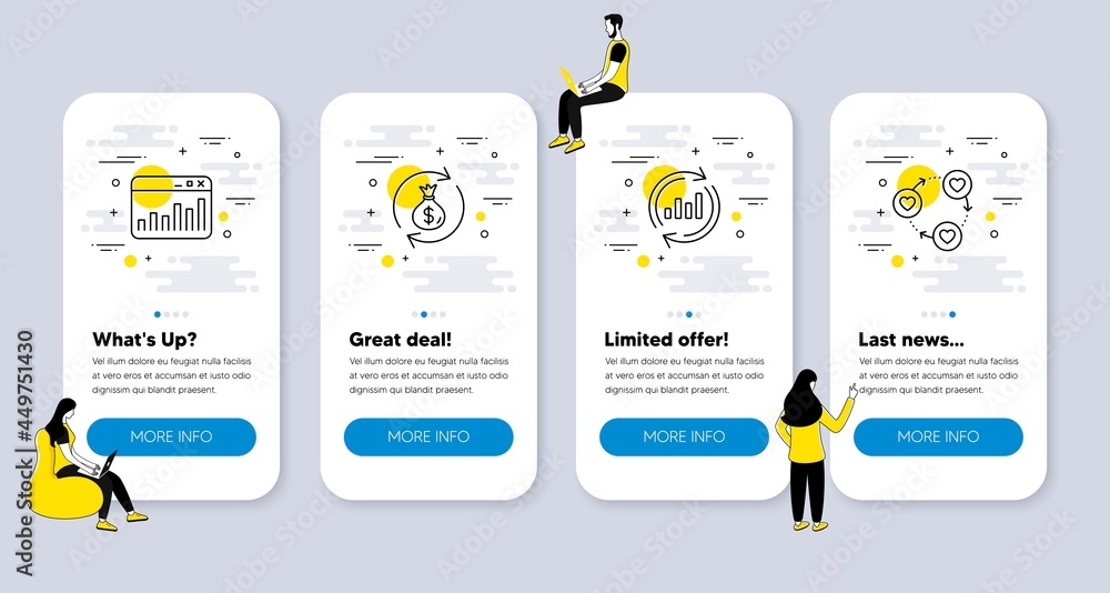 Vector Set of Business icons related to Money exchange, Update data and Marketing statistics icons. UI phone app screens with people. Friends community line symbols. Vector